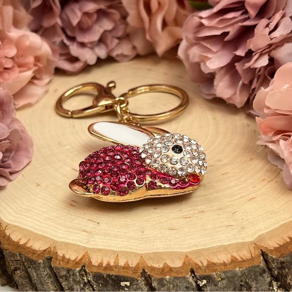 Hot Pink and Silver Crystal Bunny Rabbit Keychain Charm - Picture 10 of 14